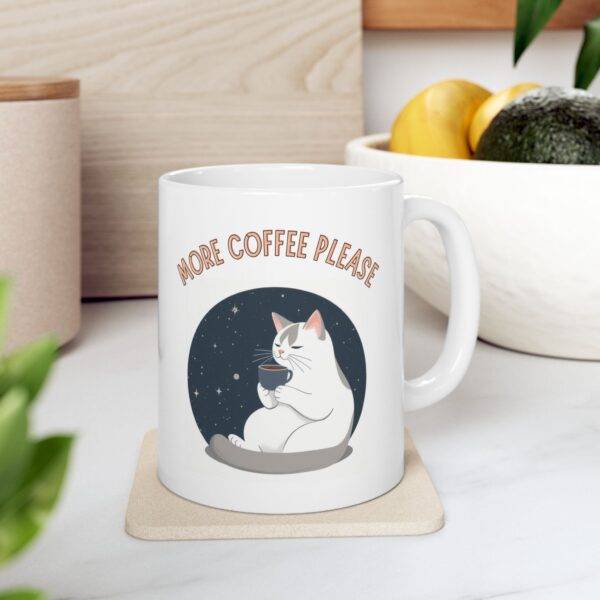 Aesthetic Coffee Mug Bicolor Cat "More Coffee Please" - Image 4