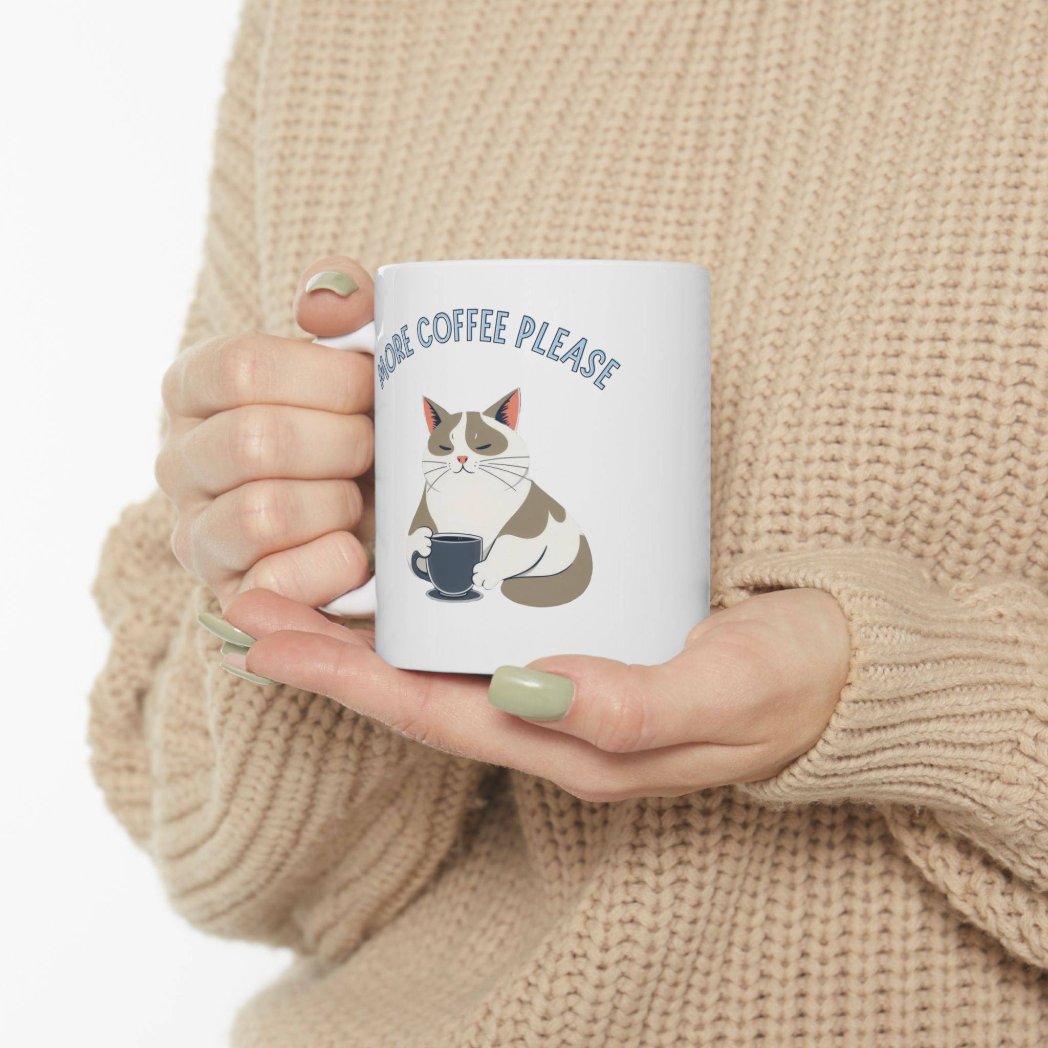 Coffee Mug Bicolor Cat "More Coffee Please" - Image 6