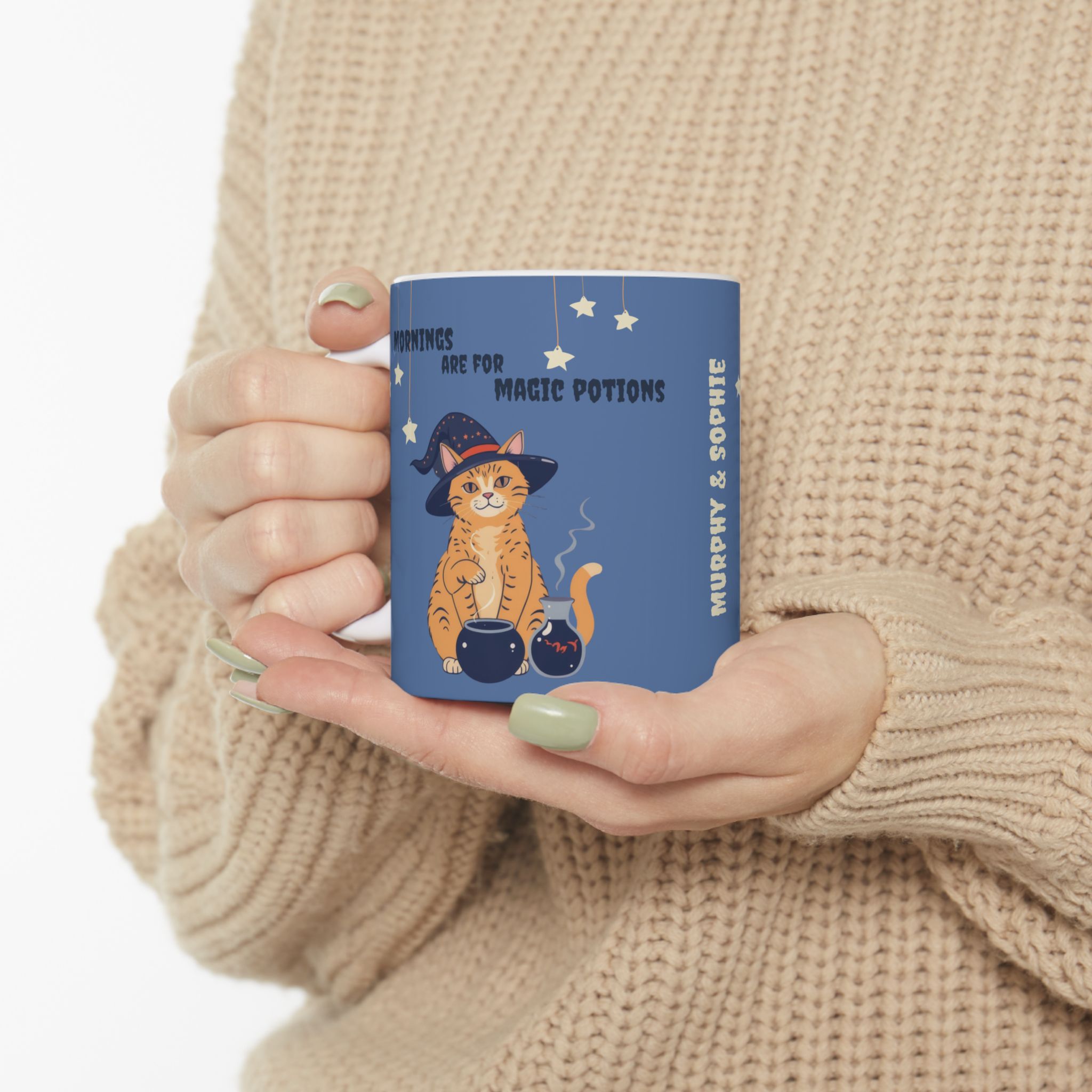 Personalized Halloween Mug Orange Tabby Cat Witch Potions - Blue - Image 7