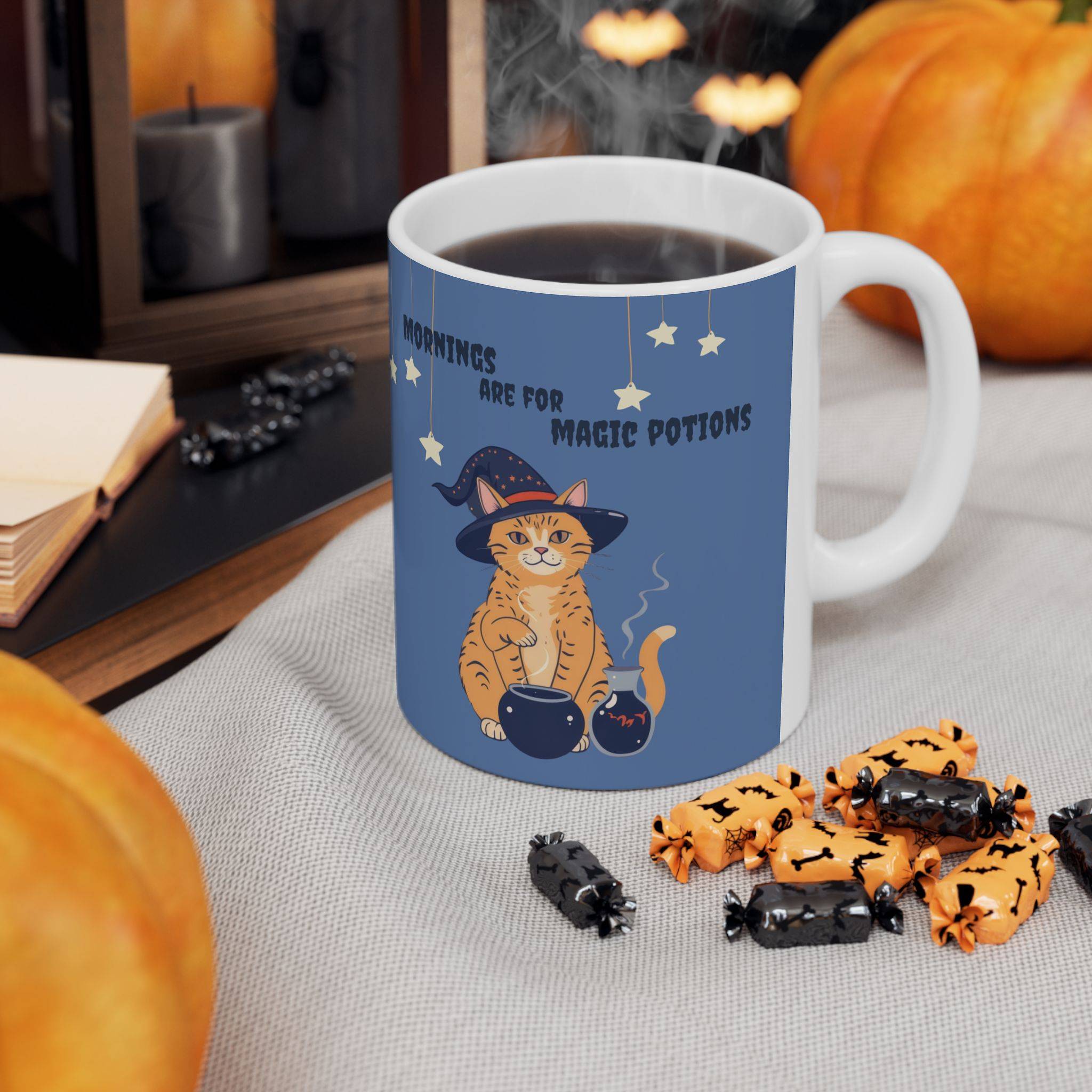 Halloween Mug Orange Tabby Cat Witch - Blue - Image 6