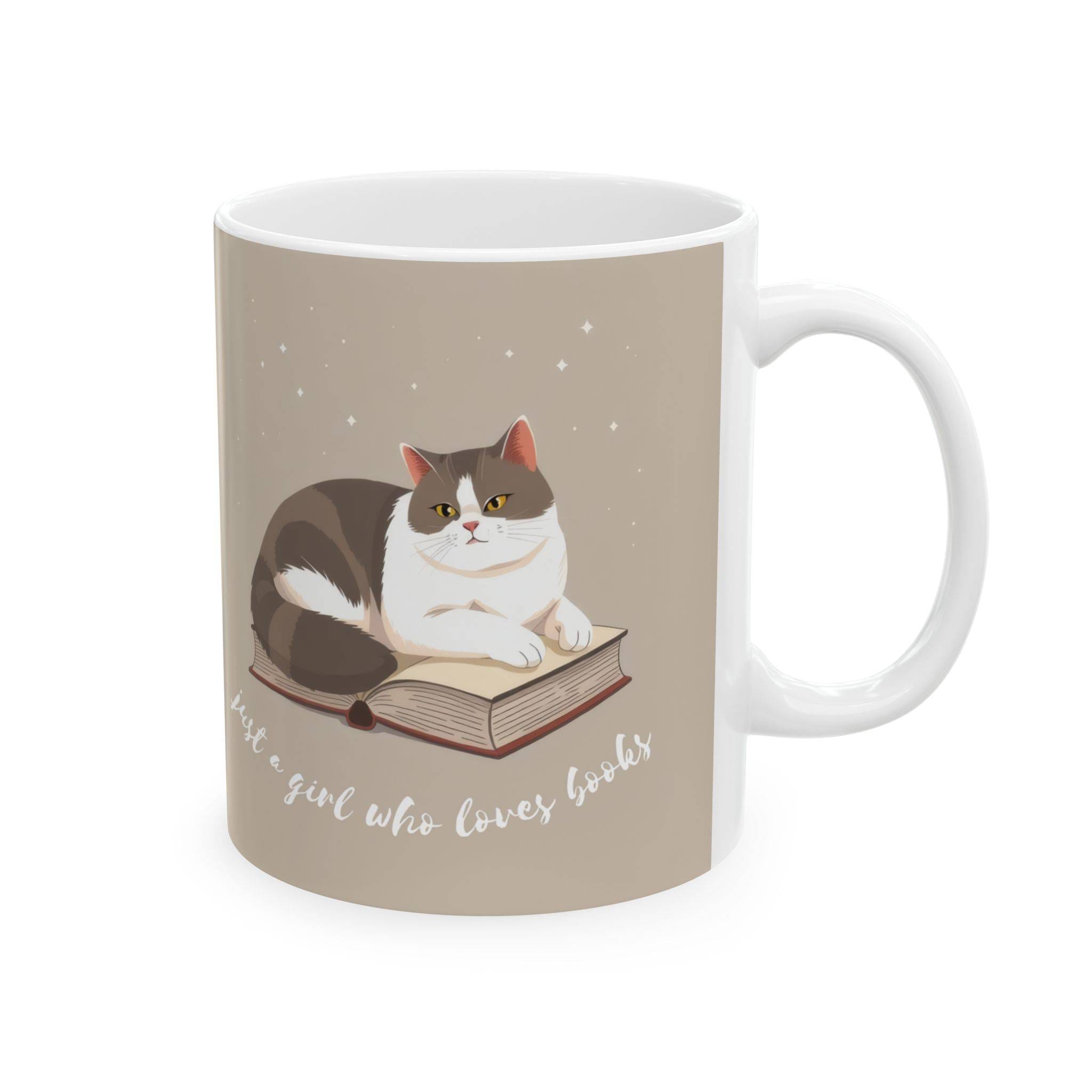 Book Lover Mug Bicolor Cat "just a girl who loves books" - Beige - Image 3