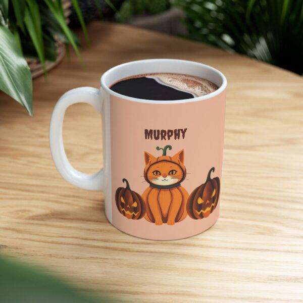 Personalized Halloween Mug Orange Cat Pumpkin - Beige - Image 4