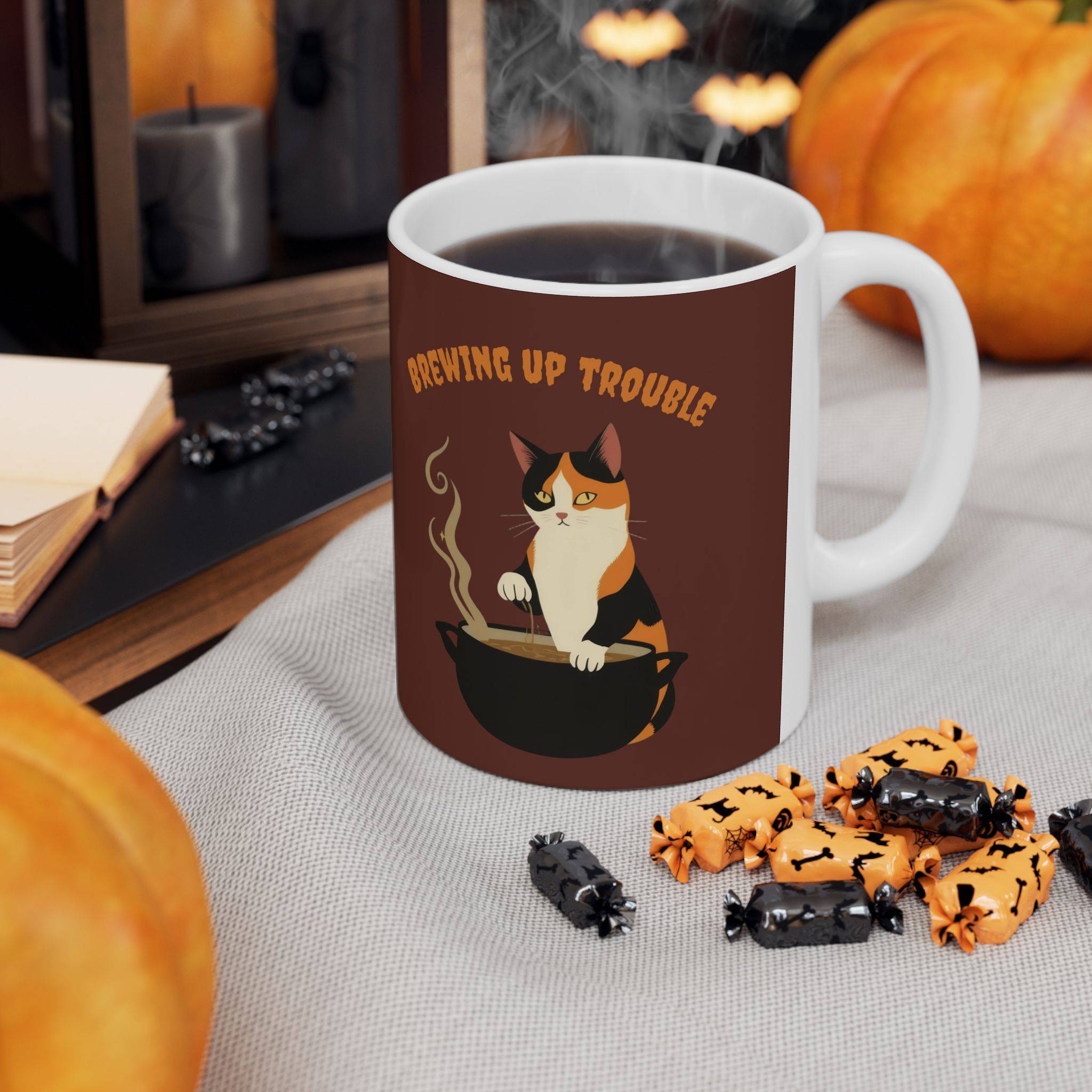 Halloween Mug Calico Cat "Brewing up trouble" - Brown - Image 2