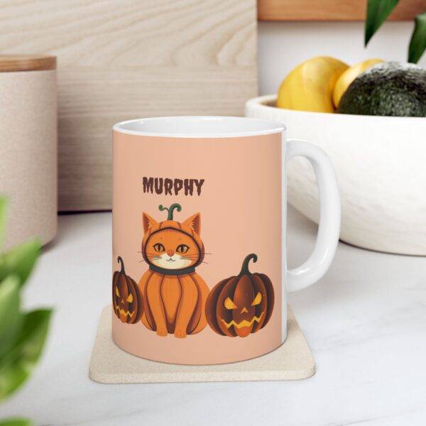 Personalized Halloween Mug Orange Cat Pumpkin - Beige - Image 3