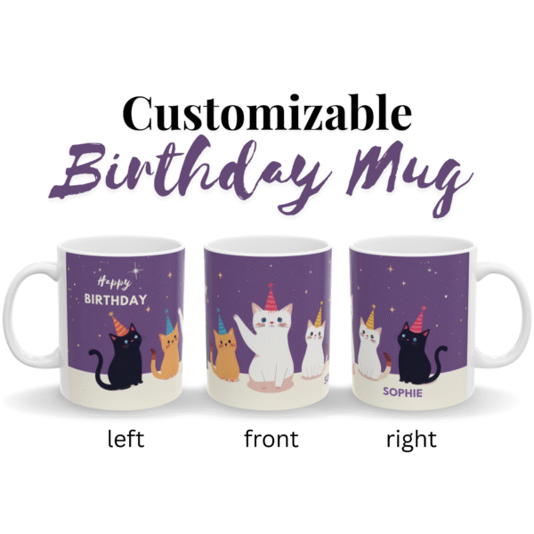 Personalized Birthday Mug Party Cats "Happy Birthday" - Purple (EU)