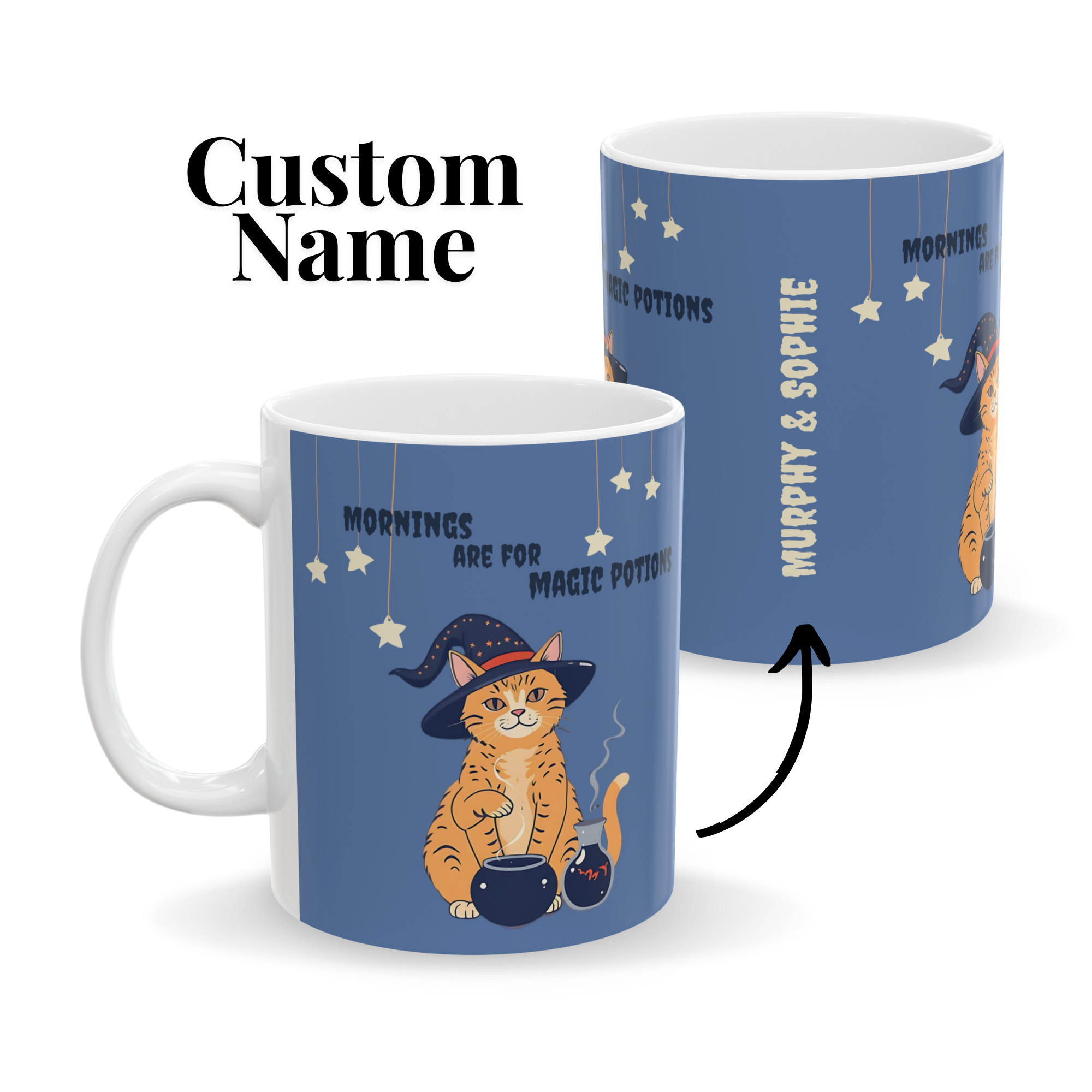 Personalized Halloween Mug Orange Tabby Cat Witch Potions - Blue