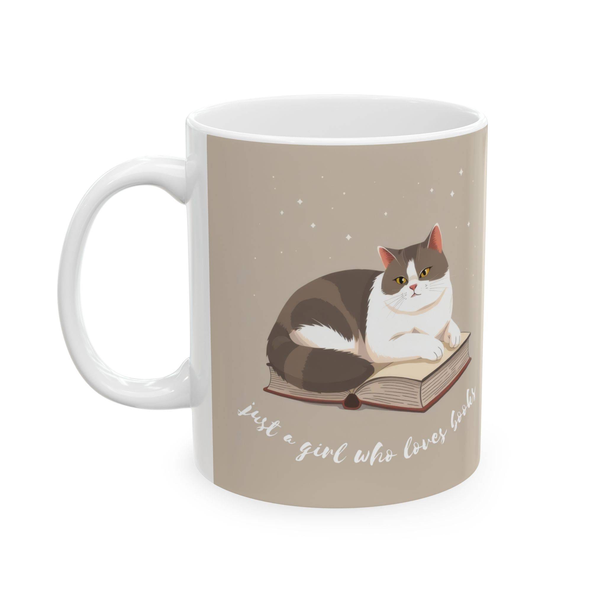 Book Lover Mug Bicolor Cat "just a girl who loves books" - Beige