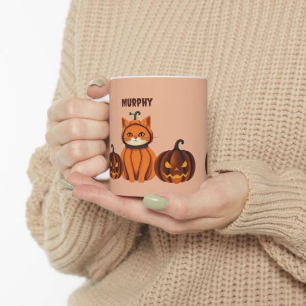 Personalized Halloween Mug Orange Cat Pumpkin - Beige - Image 5