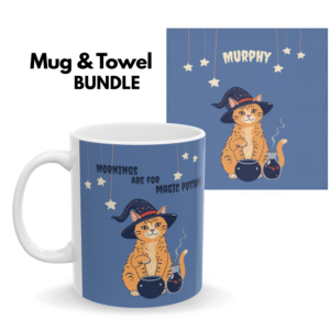 Custom Halloween Bundle Mug + Towel Orange Cat Witch - Blue (EU)
