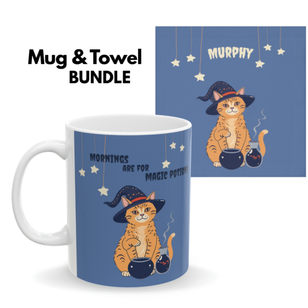 Custom Halloween Bundle Mug + Towel Orange Cat Witch - Blue (EU)